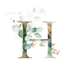 Gold Floral Alphabet - letter H with gold and green botanic branch leaf bouquet composition. Unique collection for wedding invites decoration & other concept ideas.