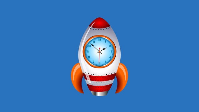 Animated cartoon rocket clock illustration with flying animation.