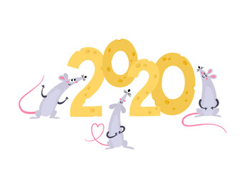 Vector illustration with rat and cheese year 2020 isolated on white
