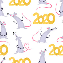 Vector pattern with cute cartoon rats isolated on white.