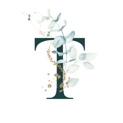 Dark Green Floral Alphabet - letter T with gold and green botanic branch bouquet composition. Unique collection for wedding invites decoration, birthdays & other concept ideas.