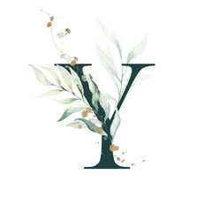 Dark Green Floral Alphabet - letter Y with gold and green botanic branch bouquet composition. Unique collection for wedding invites decoration, birthdays & other concept ideas. - obrazy, fototapety, plakaty