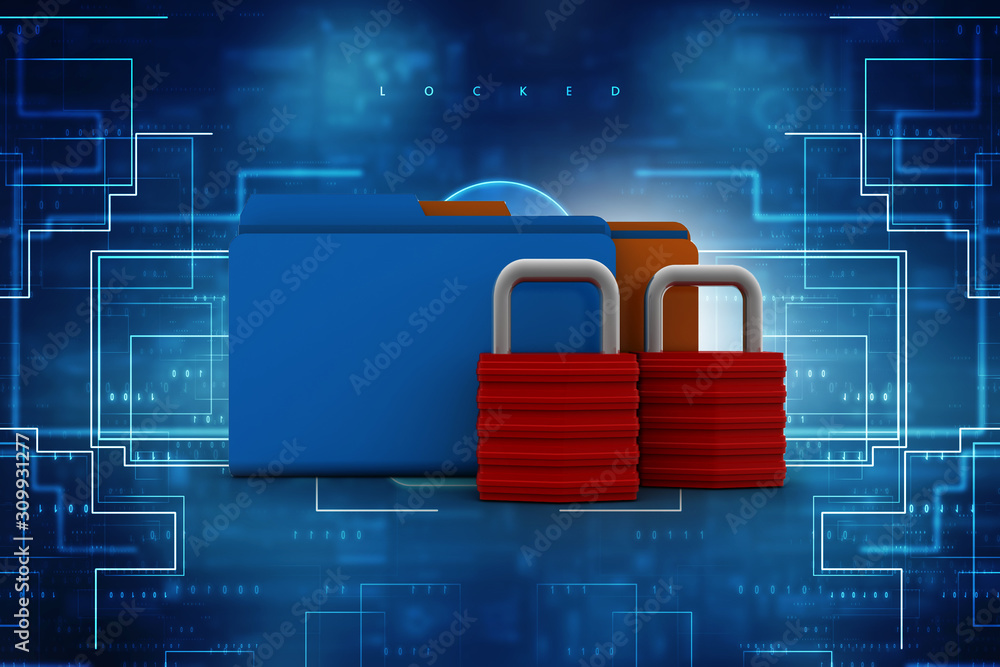 Poster yellow folder and lock. data security concept. 3d rendering
