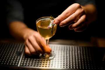 Bartender adorns alcohol drink with a branch
