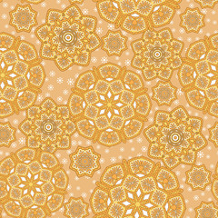 Seamless ornamental oriental pattern. Repeating geometric tiles with mandala. Vector laced decorative background with floral and geometric ornament. Indian or Arabic motive. Boho festival style