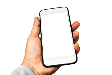 A hand held phone with a white background