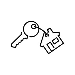 Símbolo nueva casa. Icono plano contorno llave con casa de llavero en color negro