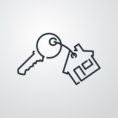 Símbolo nueva casa. Icono plano contorno llave con casa de llavero en fondo gris