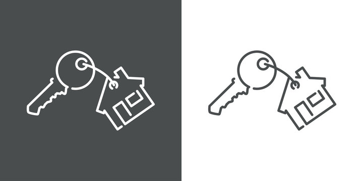 Símbolo nueva casa. Icono plano contorno llave con casa de llavero en fondo gris y fondo blanco