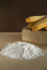 Banana flour – organic healthy ingredient. Trendy superfood for keto, ketogenic, low carb, protein and gluten free diet. Product for vegan, vegetarian and plant based food