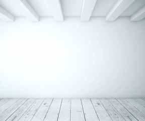 White blank wall and wooden floor in empty interior.