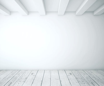 White blank wall and wooden floor in empty interior.