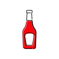 Icono plano lineal botella de cristal de ketchup con color rojo