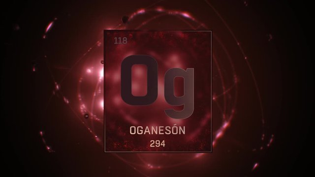 Oganesson as Element 118 of the Periodic Table. Seamlessly looping 3D animation on red illuminated atom design background with orbiting electrons. Name, atomic weight, element number in Spanish langua