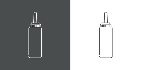 Icono plano lineal botella de plástico de ketchup en fondo gris y fondo blanco