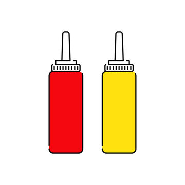 Icono plano lineal botellas de plástico de ketchup y mostaza con colores amarillo y rojo 