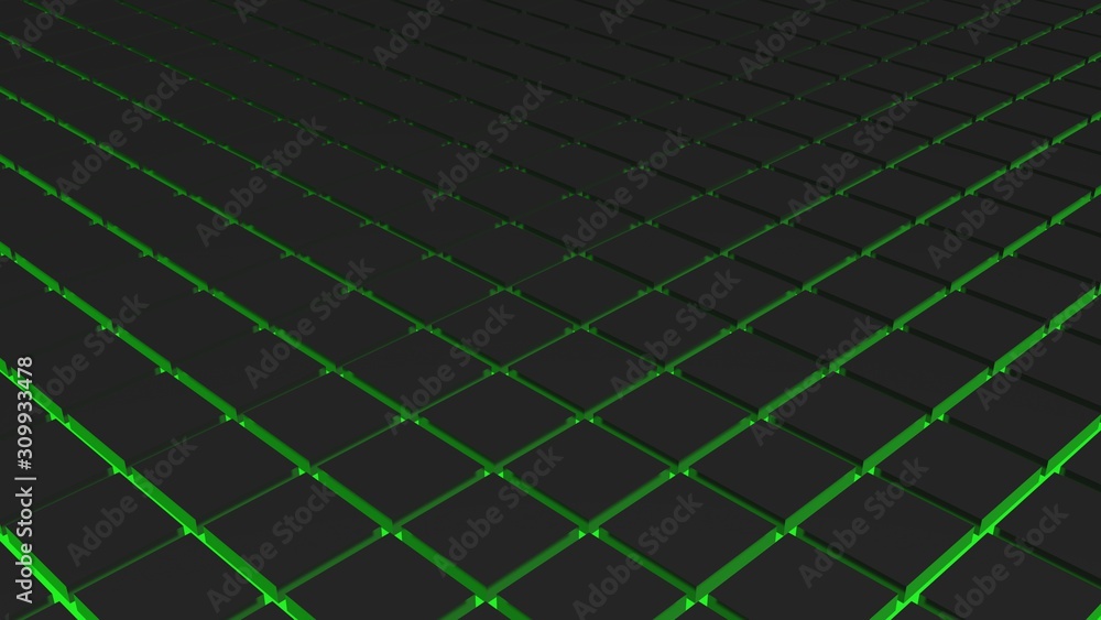 Poster background with black squares and green light lines - 3d rendering illustration