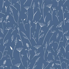 Vector Hand Drawn Meadow Florals on Blue seamless pattern background.