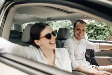 Happy Traveling Couple Together Enjoying Road Trip, Vacation Concept, Holidays Outside the City, Two Cheerful People