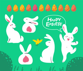 Set of Easter white bunny characters sitting, smiling, jumping and yellow little bird isolated on green floral background. For holiday cards, prints, banner design decor etc. Flat vector illustration.