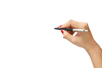 Close-up Female hand writing with a pen, black pen in hand, isolated on white background. File...