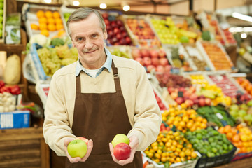 Waist up portrait of smiling senior man holding fresh apples while selling fruits and vegetables at farmers market, copy space