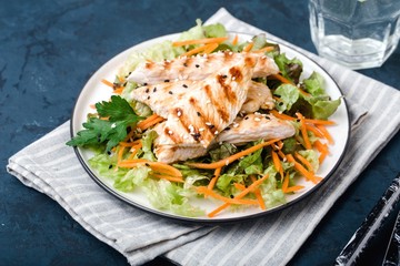The concept of healthy diet. White grilled chicken meat with lettuce leaves on a plate