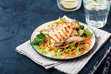 The concept of healthy diet. White grilled chicken meat with lettuce leaves on a plate