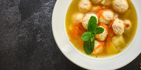 soup meatballs (poultry, chicken, turkey, vegetables) menu concept. food background. top view. copy space