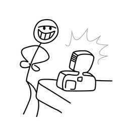 Man taking a selfie with an old analog photographic camera. Sketch line cartoon style vector illustration.