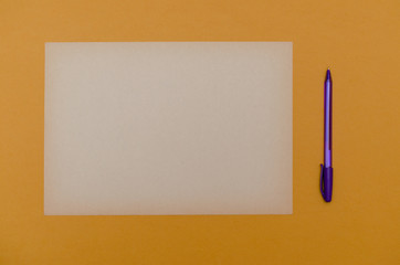 Pen on blank colored textured paper. Place for text. Top view. Background for presentation.