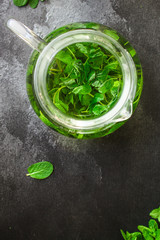 mint tea (tasty fresh, mint lemonade flavor) menu concept. food background. top view. copy space