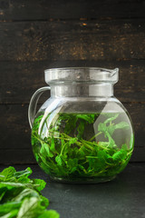 mint tea (tasty fresh, mint lemonade flavor) menu concept. food background. top view. copy space