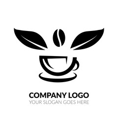 Simple black and white coffee beans and tea leaf logo, vector illustration.