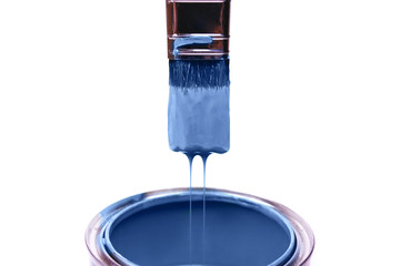 close up of paint container and brush on white background with clipping path. Classic blue color of year 2020.