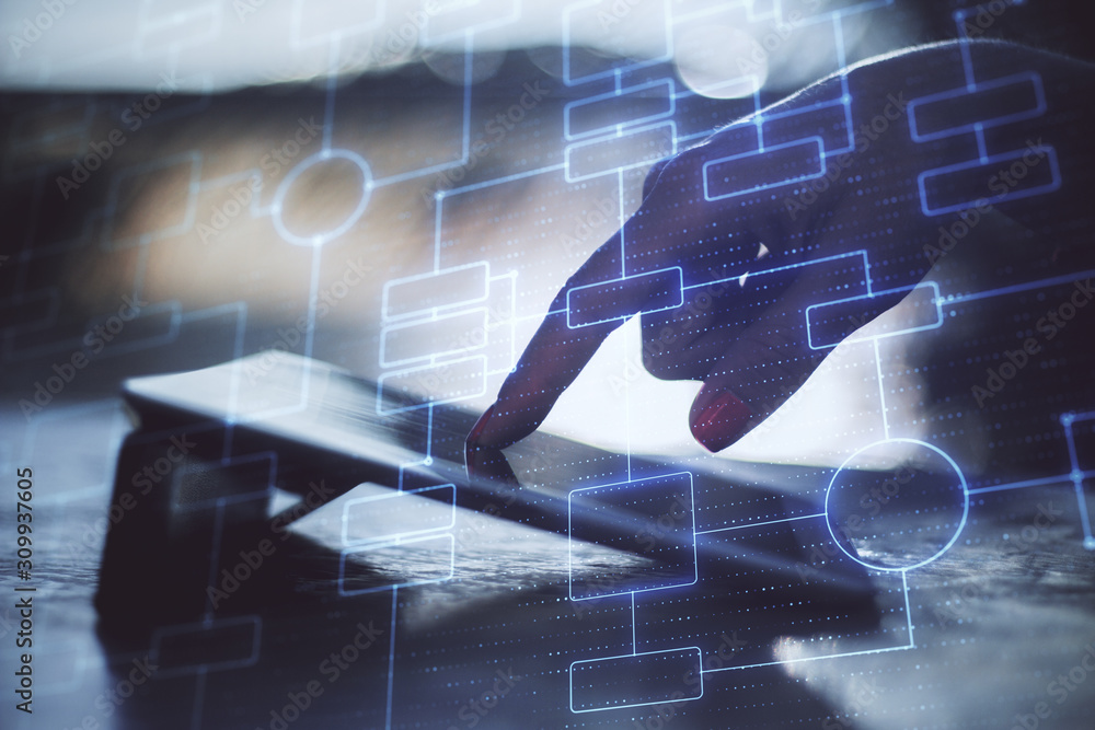 Poster Hand using of tablet with glowing business algorithm