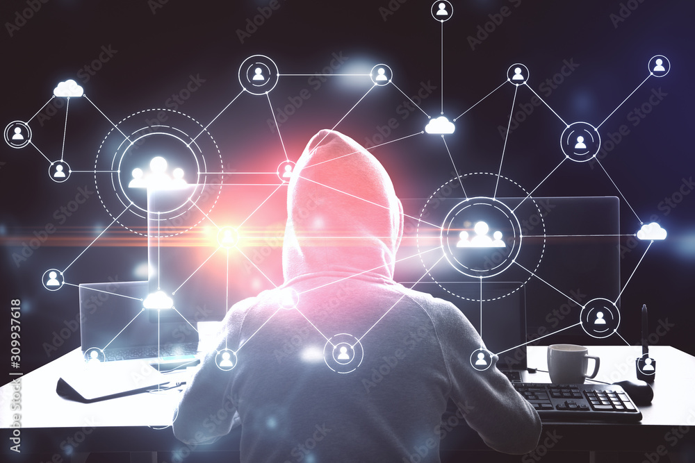 Poster Hacker using computer with social network interface