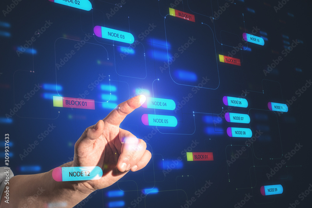 Aufkleber hand pushing digital screen with node tree signs.