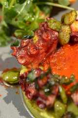 An exquisite dish stewed with vegetables octopus slate plate. Restaurant serve.