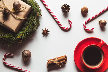 Cup of coffee with sweets for Christmas, festive mood, New Year.