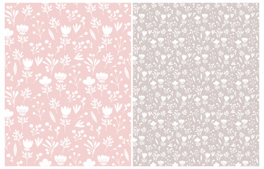 Cute Hand Drawn Floral Seamless Vector Patterns.White Flowers and Twigs Isolated on a Light Pink and Warm Gray Backgrounds.Infantile Style Abstract Garden Design.Pastel Color Floral Repeatable Print.