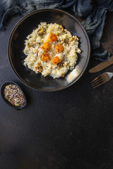 risotto mussels, vegetables (main course, rice seafood) menu concept. food background. top view. copy space