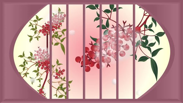 格子窓越しに見える南天に積もる雪と降る雪の動画