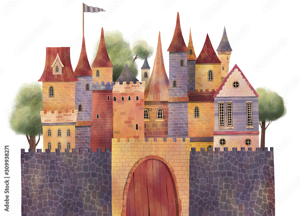 Wall mural medieval castle with trees and gate. hand drawn illustration. - Wall murals