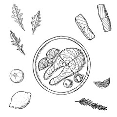 Set of fish and vegetables. Vector cartoon illustrations. Isolated objects on a white background. Hand-drawn style.