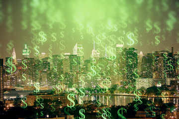 Double exposure of forex chart drawings over cityscape background. Concept of success.