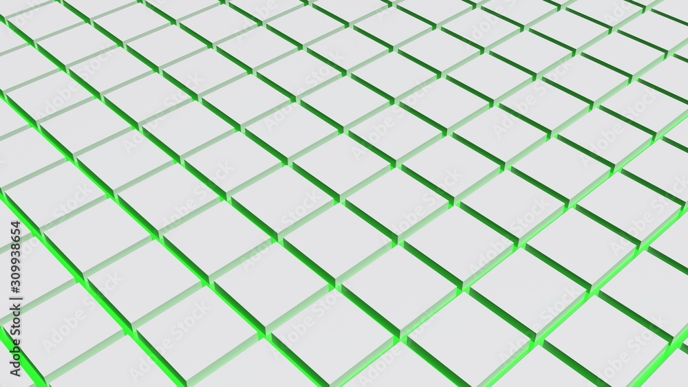 Poster background with white squares and green light lines - 3d rendering illustration