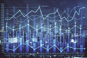Financial graph on night city scape with tall buildings background multi exposure. Analysis concept.