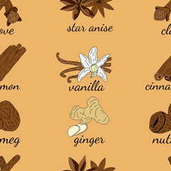 Various seasoning seamless pattern, spices on a beige or brown background. Nutmeg, cinnamon, vanilla, star anise, ginger, clove. Use for a cookbook or for a restaurant menu. Hand drawn style.