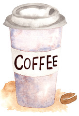Watercolor coffee in cardboard cup, coffee to go, breakfast, snack. Illustration made by hands, located on white background